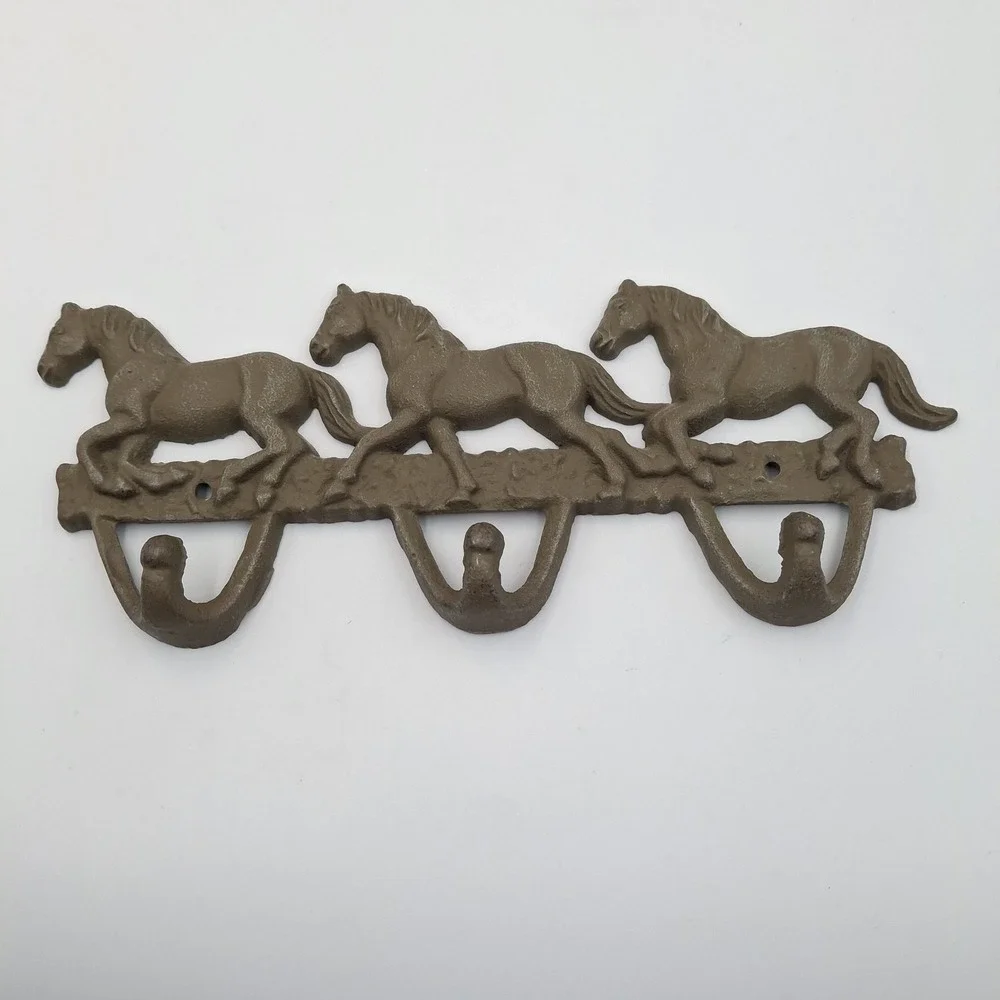 Vintage Rustic Cast Iron Running Horses Wall Hook Rack 3 Hook Western Decor 12